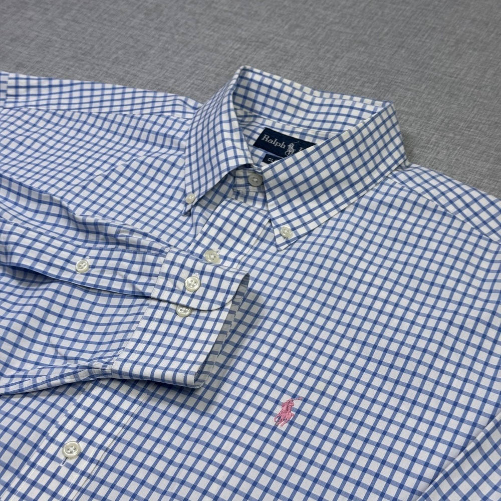 Ralph Lauren Button-Down Shirt Mens 16.5 Blue Check Classic Fit Long Sleeve